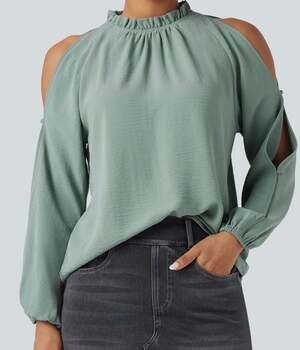 NWT Halara Cold-Shoulder Long Sleeve Relaxed Casual Blouse Green Size S